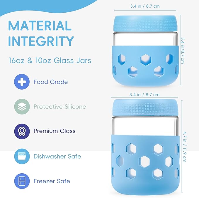 Gemice 8-Pack 16 oz & 10 oz Glass Mason Jars with Silicone Sleeves, Airtight BPA-Free Overnight Oats Containers with Lids, Dishwasher Safe Leak-Proof Meal Prep Jars for Chia Pudding, Yogurt, Snacks