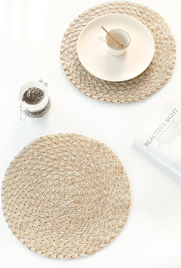 Floroom 15 Inch Round Braided Placemats Set of 4, Washable Heat Resistant Cotton Polyester Circle Boho Place Mats for Kitchen Dining Table - Dunes Khaki