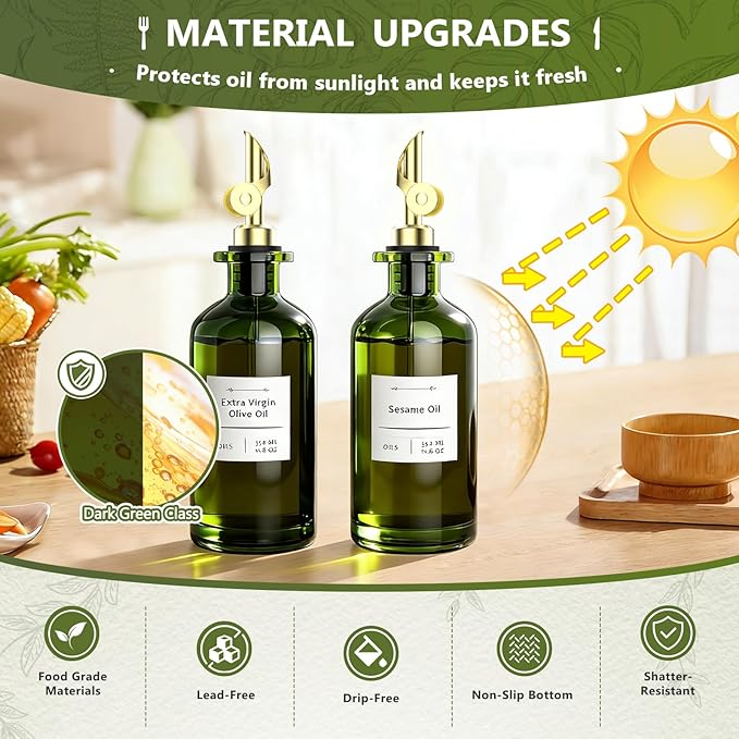 COOLMI Oil Dispenser for Kitchen - 12oz/350ml, Set of 2 Extra Thick Food Grade Glass Olive Oil Dispenser Bottle with Cleaning Brush, Stickers and Funnel (Gold)