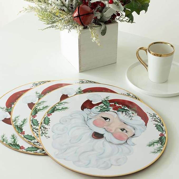 Benson Mills Cork Placemats Set of 4, Thick Cork Place Mats for Kitchen and Dining Tables, Easy Clean Table Mats for Christmas, Winter and Holidays (13.75" Round Set of 4, Joyful Santa)