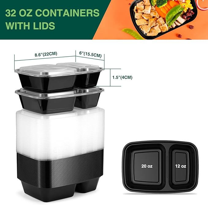 50 Pack (100-Piece) 32 oz Sturdy Leakproof 2-Compartment Meal Prep Containers with Lids, Plastic Food Storage Containers for Lunch, Microwave, Freezer, and Dishwasher Safe Takeout Containers