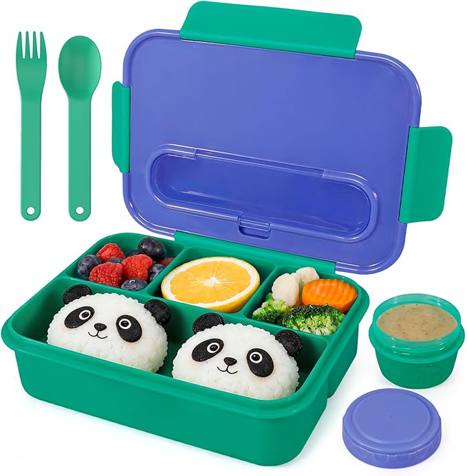 Caperci Bento Box for Kids - 50oz Larger Lunch Box Containers for Kids, Reinforced Leakproof, Built-in Sauce Cup, Utensils, 4 Compartments, BPA-Free Microwave & Dishwasher Safe (Navy/Green)