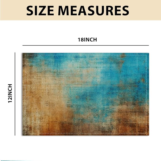 Farmhouse Placemats Set of 4, 12x18 Inch Blue and Orange Vintage Abstract Messy Rust Painting Table Mats for Outdoor Home Party Kitchen Dining Decoration, Washable Non-Slip Heat Resistant Place Mats