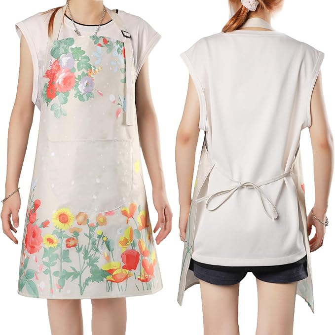 Apron for Women with Pockets, 2 Pcs Waterproof Floral Apron with Adjustable Neck Strap for Cooking, Baking, Gardening, Crafts
