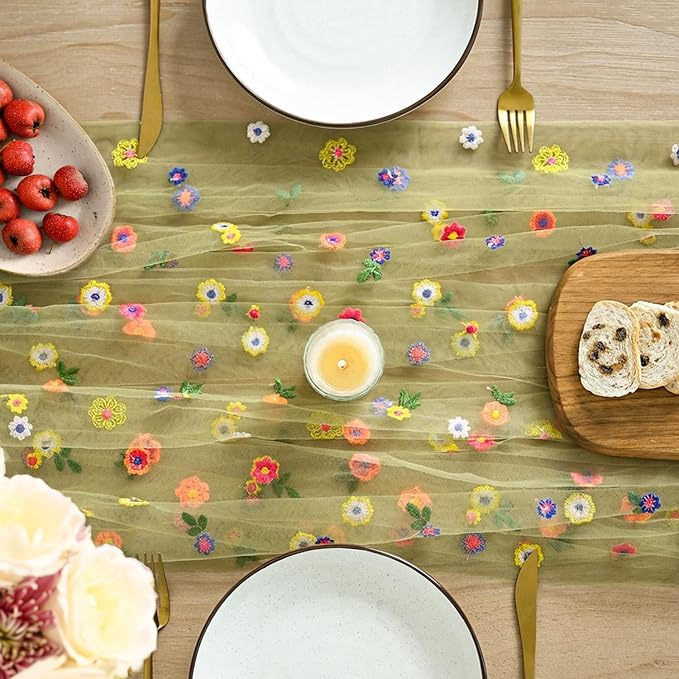 Artoid Mode Fern Green Wildflower Floral Gauze Embroidery Table Runner 120 Inch 10FT, Tulle Seasonal Spring Kitchen Dining Table Decor for Home Party