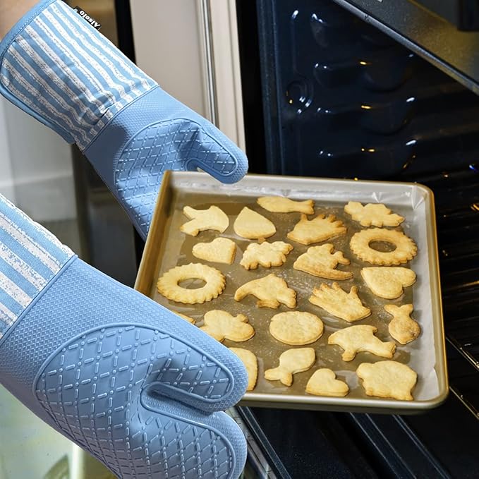 Alselo Silicone Oven Mitts Heat Resistant 932℉ with Waterproof & Non-Slip Kitchen Mittens, Set of 2 Extra Long Oven Gloves with Soft Cotton Terry Lining for Baking Cooking Barbecue (2, Blue Mitts)