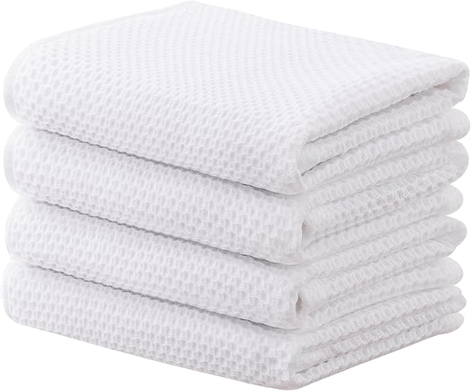 joybest Cotton Kitchen Towels, 4-Pack Waffle Weave Ultra Soft Absorbent Dish Towels Quick Drying Dish Cloths, 18 in x 28 in, White