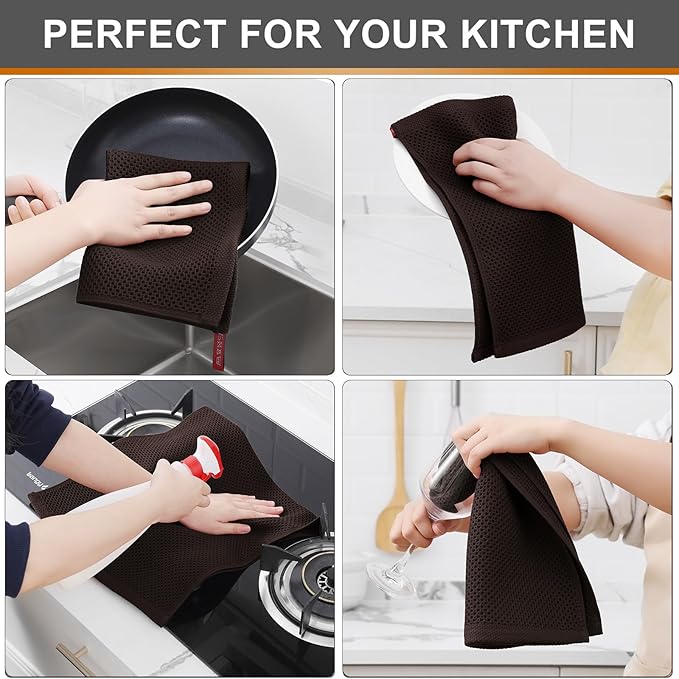 Kitinjoy 100% Cotton Waffle Weave Kitchen Hand Towels (13 X 28 Inches, Dark Brown), 12-Pack Super Soft and Absorbent Dish Towel for Drying Dishes