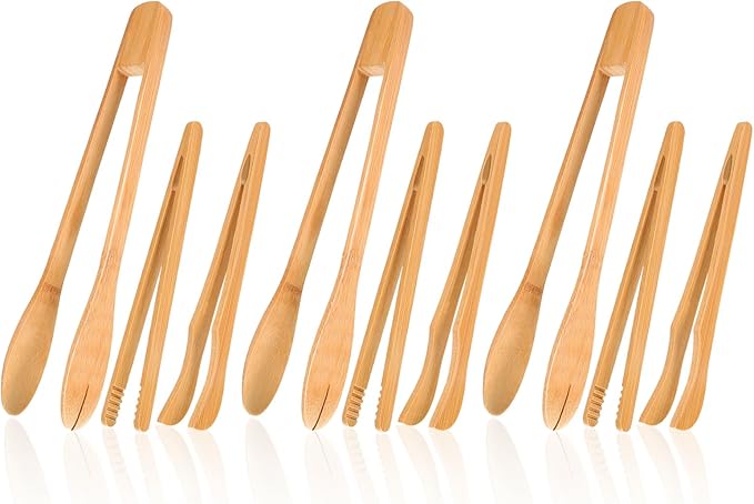 Zopeal 9 Pcs Bamboo Utensils for Cooking Wooden Toaster Tongs Long Cooking Salad Tongs for Picking up Cheese Bacon Toast Cake Fruits Bread Spaghetti for Kitchen Women Men