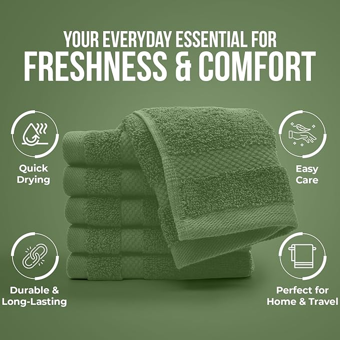DAN RIVER 12-Pack Premium 100% Cotton Sage Green Face Towels for Bathroom - Reusable Face Wash Cloths for Showering 12x12 Inches - 550 GSM Super Soft & Absorbent Luxury WashCloths for Body, Spa & Gym