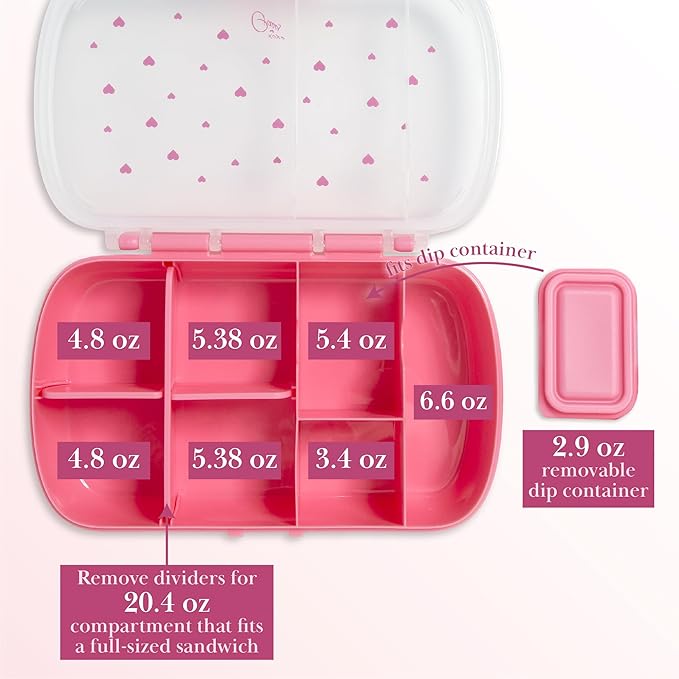 Paris Hilton 2-Pack Bento Style Snack Boxes, 7-Compartment Lunch Containers with Built-In Phone Stand, Removable Dividers and Dip Containers, Pink Heart Print