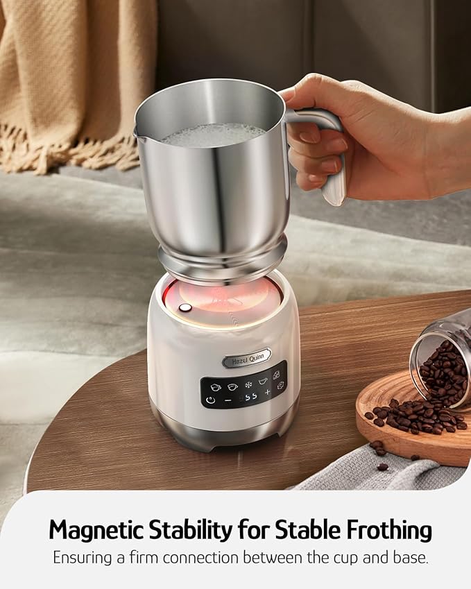 Hazel Quinn Milk Frother - Hot and Cold Detachable Milk Frother with Adjustable Temperature & Foam Thickness, Dishwasher Safe, for Latte/Cappuccino/Hot Chocolate, 400ML (13.5oz) - Pearl White
