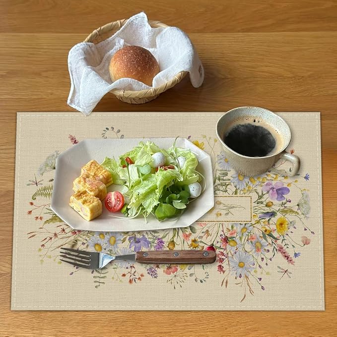 Wildflower Linen Placemats Set of 4, Wild Flowers Waterproof Washable Heat Resistant Place Mats 12x18 Inch, Table Mat for Outdoor Indoor Home Kitchen Party Dining Decoration-05