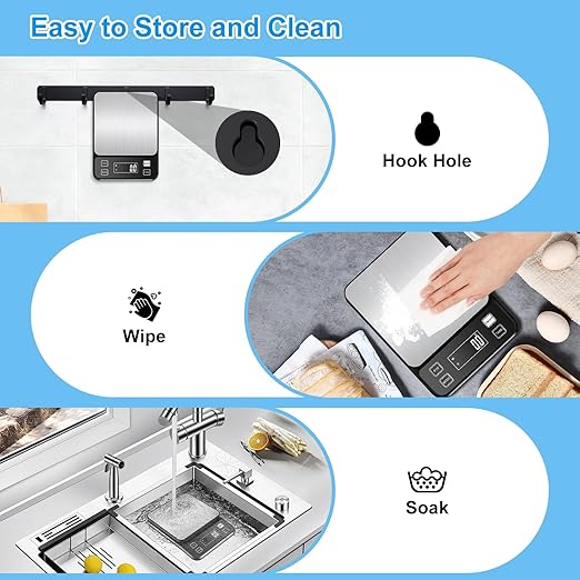 22lb Waterproof IPX67 Kitchen Scale with 0.1g/0.001oz High Precision, Diyife Large Stainless Steel Food Scale, 10 Unit, Washable, Hangable, USB Rechargeable, LCD Display, for Cooking, Baking