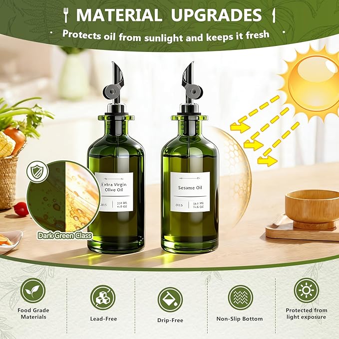 COOLMI Oil Dispenser for Kitchen - 12oz/350ml, Set of 2 Extra Thick Food Grade Glass Olive Oil Dispenser Bottle with Cleaning Brush, Stickers and Funnel (Black)