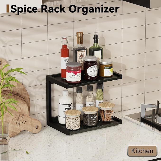 MARTY 2 Tier 12.6"x7.7" Counter Shelf Organizer Kitchen Spice Rack for Countertop, Coffee Station Organizer for Mugs Cups, Wood Shelf Desk Storage Organizer for Bathroom Home Office (Black)
