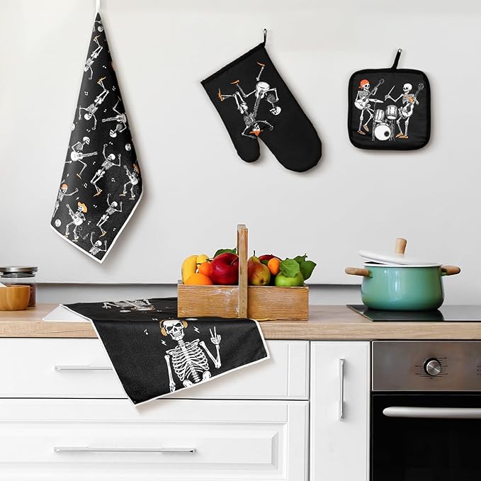 Leinuosen 8 Pcs Skull Kitchen Decor Set Kitchen Towels Gothic Oven Mitts and Pot Holders Skeleton Hand Dish Towels Horror Oven Mitts for Home Decoration Party Gifts (Modern Color,Music)
