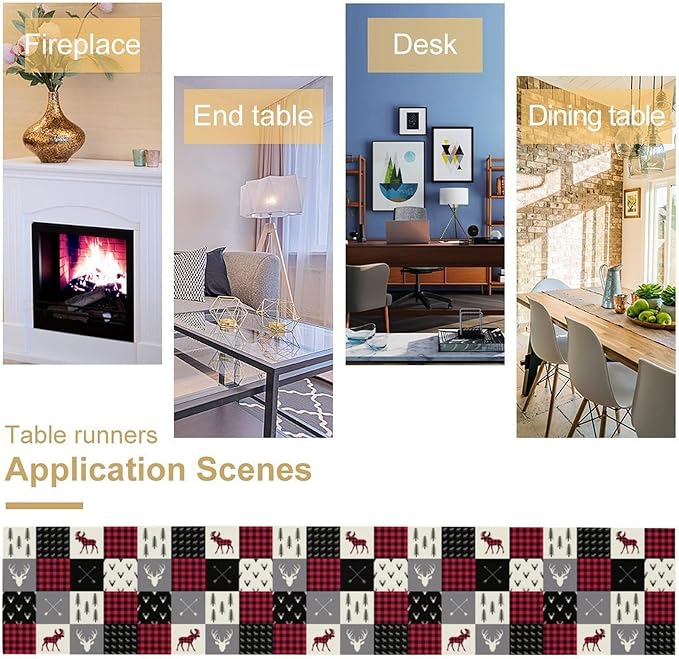 Bear Deer Table Runner, Vintage Rustic Farmhouse Cabin Animal Buffalo Plaid Art Printed Runner for Home Kitchen Dining Table Living Room Decor Fabric 1 Panel W13xL36in