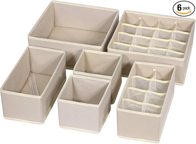 TENABORT 6 Pack Foldable Drawer Organizer Dividers Cloth Storage Box Closet Dresser Organizer Cube Fabric Containers Basket Bins for Underwear Bras Socks Panties Lingeries Nursery Baby Clothes Beige