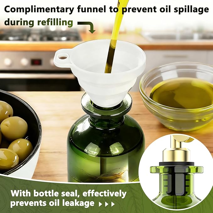 COOLMI Oil Dispenser for Kitchen - 12oz/350ml, Set of 2 Extra Thick Food Grade Glass Olive Oil Dispenser Bottle with Cleaning Brush, Stickers and Funnel (Gold)