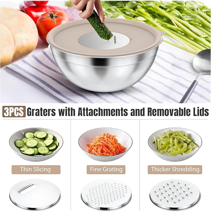 ENVTEK 7-Piece Stainless Steel Mixing Bowls Set with Lids & 3 Grater Attachments – Size 4.5, 4, 3.5, 2.1, 1.5, 1.1, 0.7QT, Kitchen Gadgets Set for Cooking, Baking, and Serving, Khaki