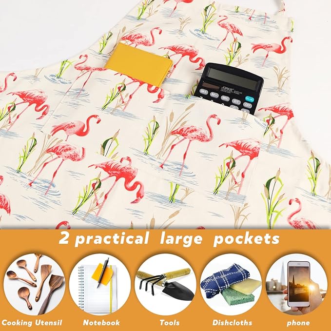 Sanlykate Extra Large Canvas Cotton Apron for Men & Women, Plus Size Durable Aprons with 2 Pockets, Adjustable Bib Machine Washable Oversized Aprons for Baking, Cooking, Painting - Flamingo
