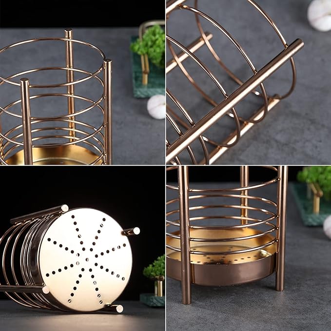 Copper Kitchen Utensil Holder for Kitchen Counter, Stainless Steel Utensil Crocks, Titanium Coating Utensil Storage Caddy Organizer, Cooking Utensil Holder, Easy Cleaning (Rose Gold/7.4''x5.2'')