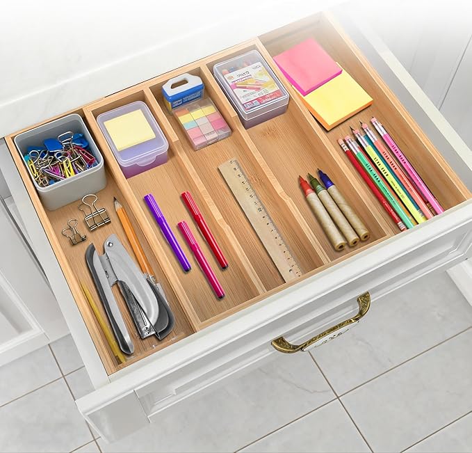 Bamboo Expandable Kitchen Drawer Organizer, 13" - 23" Adjustable Utensils Holder and Cutlery Tray, 3-5 Slots Drawer Organizer for Silverware Flatware