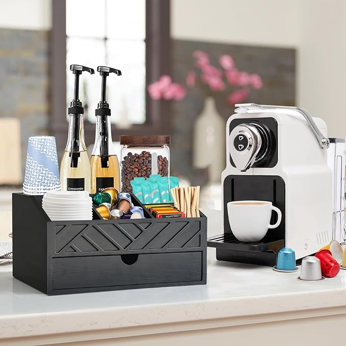 Coffee Bar Organizer with Drawer, Coffee Station Organizer for Countertop, Wood Coffee Bar Accessories Organizer for Coffee Bar Decor, Farmhouse Cup Pod Holder Condiment Organizer(Black)