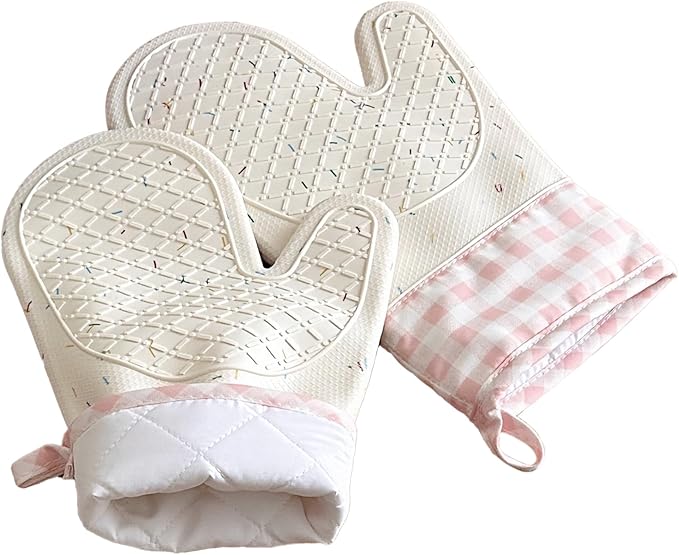 Wanheart Silicone Oven Mitts Heat Resistant, Non Slip Baking Mittens with Cotton Lining, Cute Confetti Pink Kitchen Decor for Cooking, 2-Pack