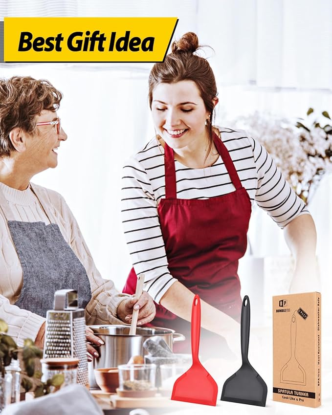 Pack of 2 Wide Silicone Spatula,Nonstick Pancake Shovel with Short Handle, Fried Flexible Turner, BPA Free Kitchen Cookwares for Egg, Cookie, Omelette, Fish, Burgers