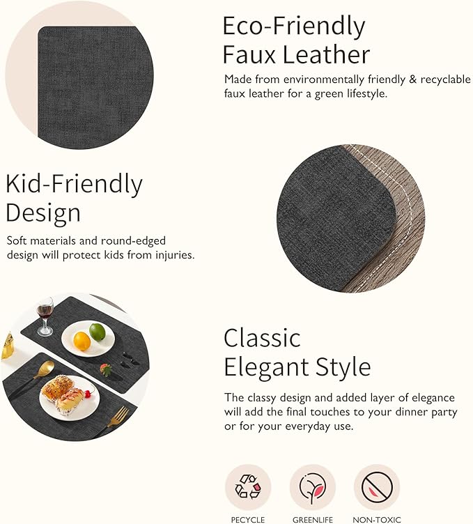 Maxpearl Faux Leather Placemats Set of 4, Waterproof - Wipe Clean - Heat Resistant - Anti Slip Dining Table Place Mats, Suitable for Indoor & Outdoor Use, 17’’×12’’, Black