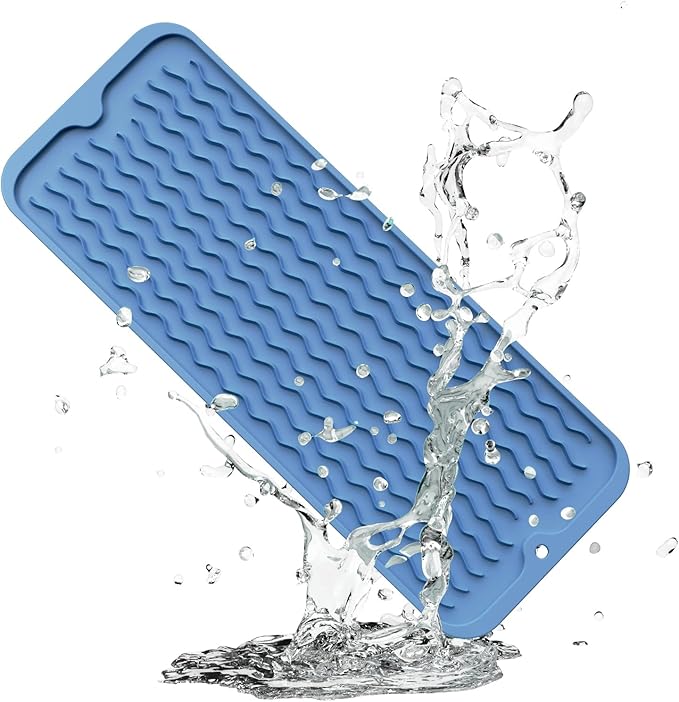 ZLR Silicone Sponge Holder & Sink Caddy Tray (6" x 17") - Narrow Dish Drying Mat for Kitchen Counter - Waterproof Soap Dispenser Organizer, Non-Slip Bathroom Vanity Tray (Lichen Blue)