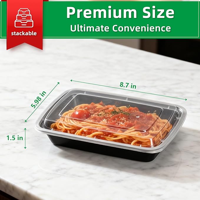 Meal Prep Containers Reusable 50 Pack-28 oz Food Storage Containers with Lids To Go Food Container Takeout, Microwave Dishwasher Freezer Safe, BPA Free, Plastic Containers (Black, Square)