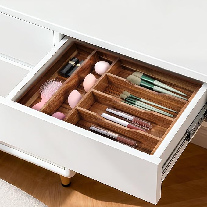 Acacia Wood Silverware Drawer Organizer, 12 Inch Adjustable Cutlery Tray for Kitchen Utensils, Silverware Flatware Storage Box with 5 Detachable Dividers (6-Compartment)