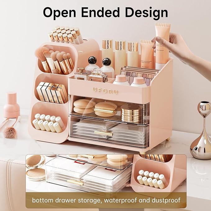 Makeup Organizer for Vanity with Brush Holder, Large Plastic Bathroom Countertop Skincare Organizer with 2 Drawers, Spacious Cosmetic Display Case for Perfumes, Eyeshadow Palettes, Nail Polishes