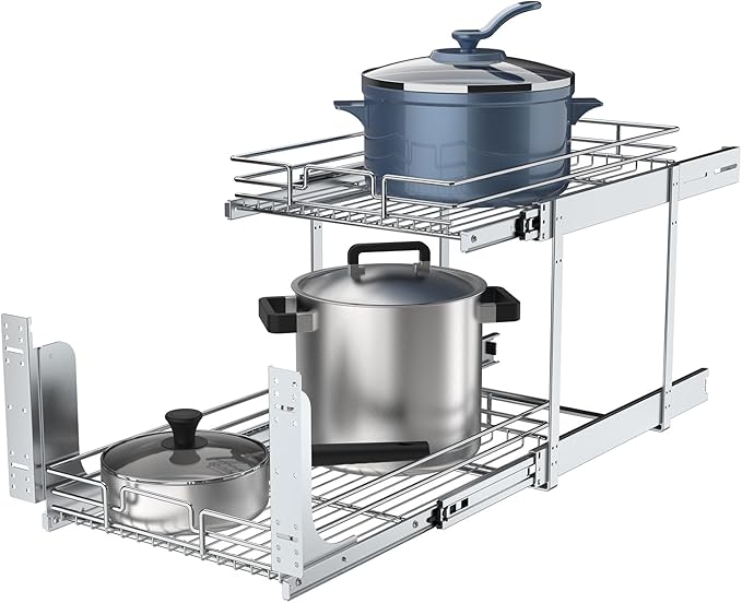 2 Tier Pull Out Cabinet Organizer, 17" W x 21" D Heavy-Duty Metal Sliding Drawer Shelf for Kitchen Cabinets, Chrome, Doesn't Include Door Fittings