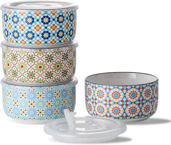 Ceramic Bowls Set with Lid: Microwave Safe Soup Containers for Meal Prep, Cereal, Salad, Picnic, Camping, Office Lunch, Kitchen Food Storage - 5 Inch, 20 oz, 4 PCS, Design C