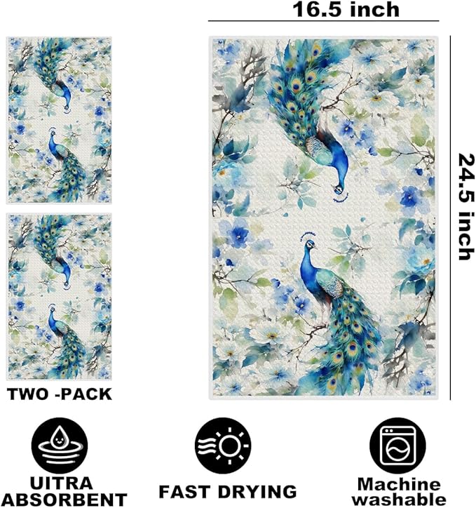 2 Pcs Peacock Kitchen Towels, Soft Absorbent Tea Hand Towel, Microfiber Dish Cloths for Drying Dishes, Waffle Dish Towels for Kitchen Bathroom Home Decor, Peacock Gifts for Women Mom