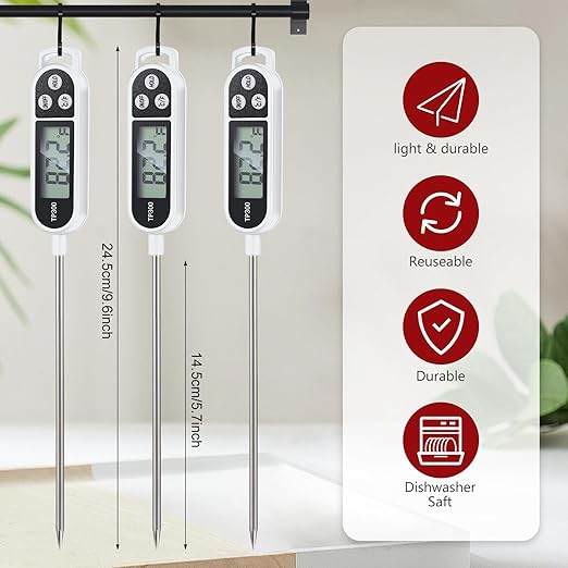 Copkim 6 Pcs Instant Read Meat Thermometer with Long Probe 9.65 Inch Kitchen Cooking Food Candy Waterproof Digital Thermometer for BBQ Water Milk Yogurt Liquid Cooking(White)