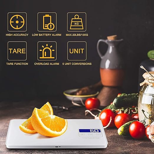 MEGAWISE Digital Kitchen Scale, 33lb Food Scale with LCD Display, High Precision Sensors, Tare Function, Unit Conversion, Ideal for Baking, Cooking, and Meal Preparation (White)