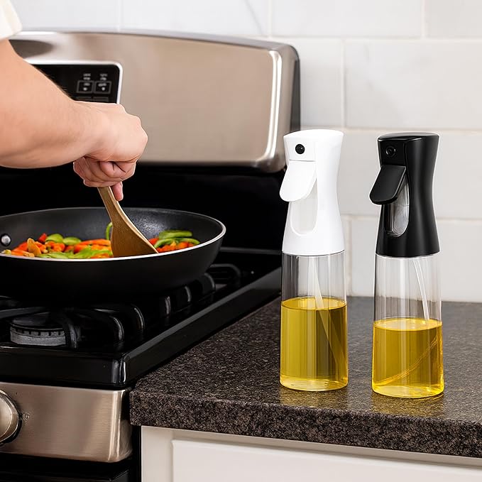 Oil Sprayer for Cooking, 200ml Glass Olive Oil Spray Bottle Mister, for Air Fryer, Salad, BBQ, Baking, Frying, Refillable Dispenser for Olive, Canola, Vinegar, Pack of 2