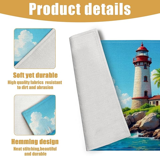 Lighthouse Placemats Set of 6, Nautical Theme Palm Linen Place Mat Washable Stain Resistant Table Mats for Farmhouse Kitchen Dining Party 12x18 Inch