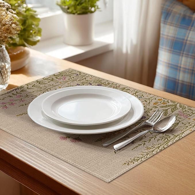 HOMETITUTE Wildflower Placemats Set of 4 Linen 12x18 Inch Washable Table Mats with Botanical Floral Design Decorative Table Placemats Set of 4 for Farmhouse Kitchen Dining Spring Summer Decor