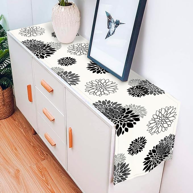 Black Gray Table Runner Dahlia Pinnata Flower Beige Table Runners Modern Elegant Pompon Farmhouse Geometric Coffee Table Center Decor for Home Kitchen Dining Party 13 x 90 Inch