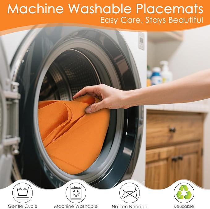 MANSPHIL Orange Placemats Set of 4 Washable Fabric Table Mats Thick Faux Linen Place Mats Heat Resistant Double Layer Wrinkle Free Dining Kitchen Table Decor - 13x19 Inch Oeko Tex Placemat