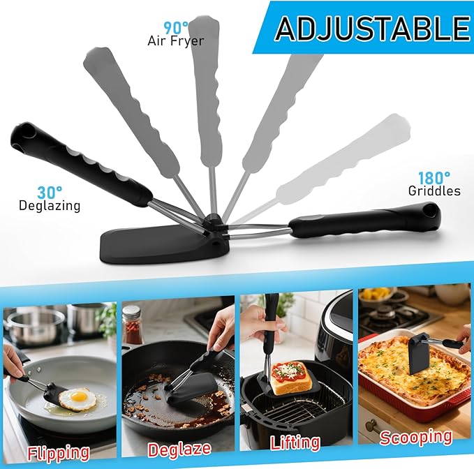 MFTEK Silicone Spatula Set, Eggs Flipper, Adjustable Angle Spatula Turner for Pancake, Fish, Burger, Swappable 2 Size Spatula Heads, Flexible, Heat-Resistant (Black)