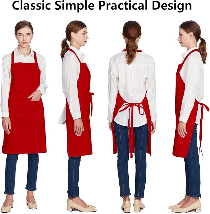 Jubatus 12 Pack 100% Cotton Aprons Bulk with 2 Pockets Cooking Chef Kitchen Adjustable Bib Apron for Women Men, Red