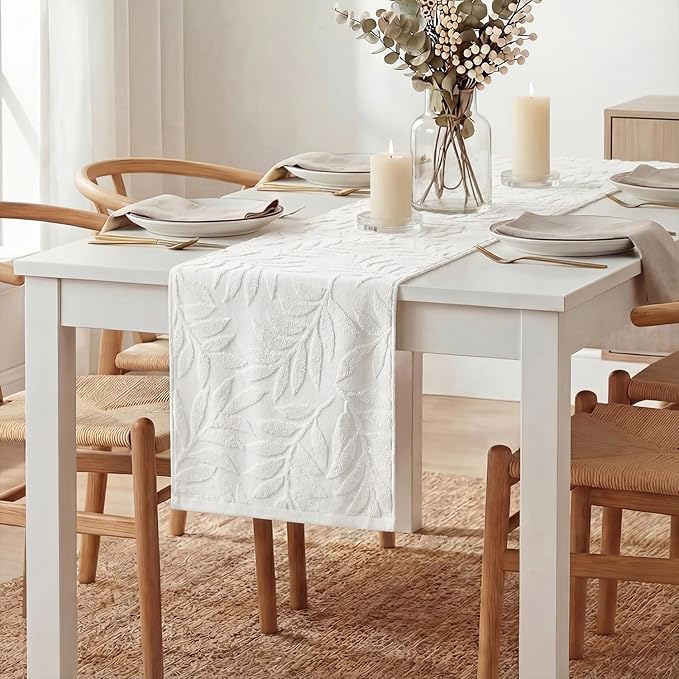 Artoid Mode White Soft Cotton Jacquard Leaves Spring Table Runner, Holiday Kitchen Dining Table Decoration for Home Party Decor 13x72 Inch