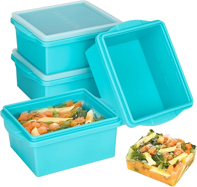 Xomoo 2 Cup Silicone Freezer Trays with Lids, Silicone Soup Freezer Molds - Leakproof, BPA-Free, Stackable, Microwave & Dishwasher Safe, Perfect for Soups, Sauces, Meal Prep, and Baked Goods - 4 Pack